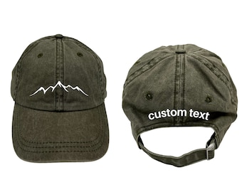 TEXTE PERSONNALISÉ - Casquette brodée en forme de sommet de montagne pour papa, Vert Chapeau de randonnée unisexe, réglable | Casquette de baseball 100 % coton délavée homme, PNW Nature Gift