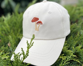Embroidered Mushroom Hat: 100% Cotton Low-Profile Beige Baseball Cap, Personalized Garden Apparel Gifts