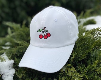 Cherry Embroidered Dad Hat Unisex, Adjustable | 100% Cotton Unwashed Baseball Cap Men, Adjustable Velcro Strap, Cute Fruit Gifts for Him Her