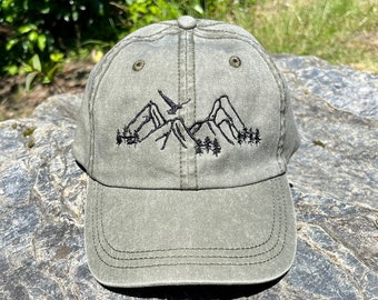 Dad Hat Embroidered Mountain & Eagle, Green Hiking Hat Unisex, Adjustable | 100% Cotton Washed Baseball Cap Men, Nature Gifts for Him Her