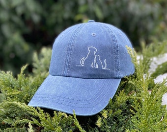 Embroidered Dog and Cat Cap, Dad Hat, Adjustable | 100% Cotton Washed Baseball Cap, Cute Animal Gift, Custom Color Hat, Animal Lover Cap