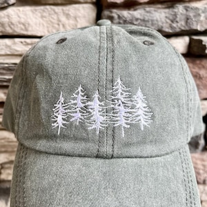 Dad Hat Embroidered Forest Trees, Green Hiking Hat Unisex, Adjustable 100% Cotton Washed Baseball Cap Men, Hiking Nature Gifts for Him Her image 2