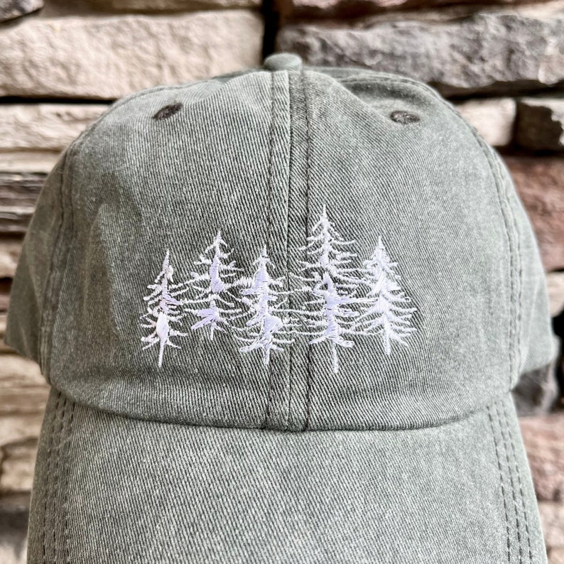 Dad Hat Embroidered Forest Trees, Green Hiking Hat Unisex, Adjustable 100% Cotton Washed Baseball Cap Men, Hiking Nature Gifts for Him Her image 2
