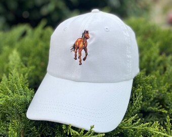 Brown Horse Running Embroidered Cap | Unwashed White Dad Hat, 100% Cotton Baseball Cap, Equestrian Design, Adjustable Strap, Unisex Gift