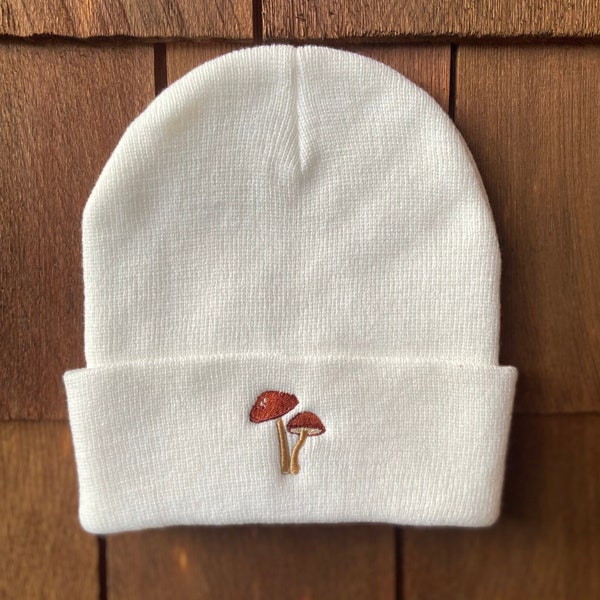 Embroidered Mushroom Beanie, Cuffed Knit Cap for Men and Women | Unisex Embroidered Mushroom Hat, Soft & Warm Winter Headwear