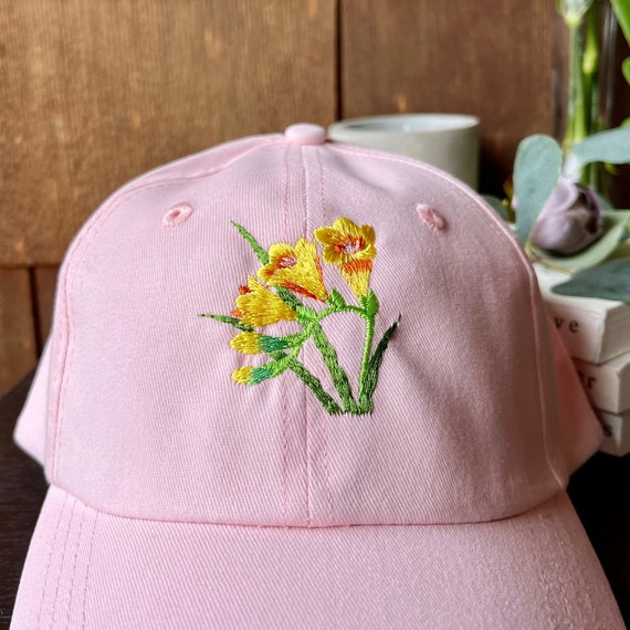 Floral Embroidered Hat w/ Freesia, Flower Dad Hat | Soft 100% Cotton Pink Baseball Cap, Plant Mom Gifts for Her, Gardening Hats for Women