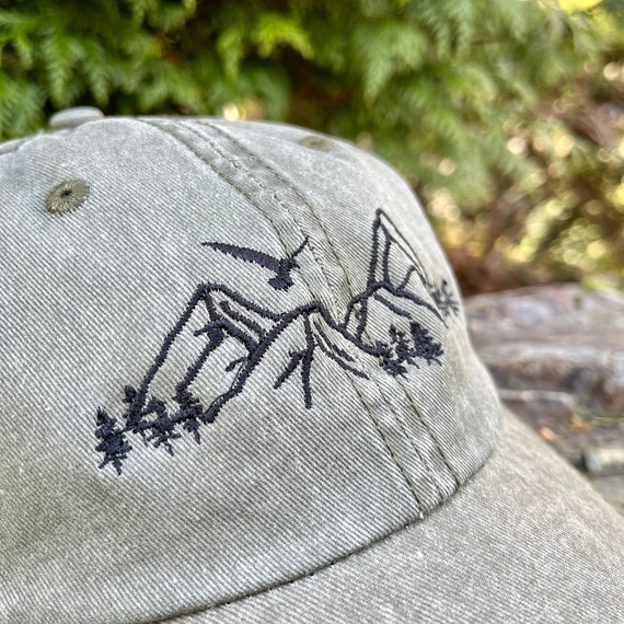 Embroidered Mountain Hat: 100% Cotton Green Distressed  display picture 1