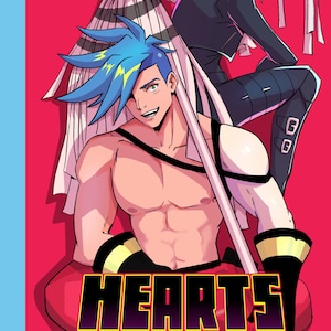 Peut inclure: Illustration numérique avec deux personnages de style anime sur fond rouge. L'un a les cheveux bleus et est torse nu, l'autre a les cheveux blonds et porte du noir. Le texte "HEARTS ABLAZE" est affiché.