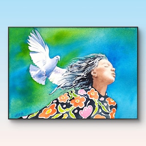 Native American girl and peace dove bird, enchanted portrait of woman with animal, original watercolor painting, wall art.