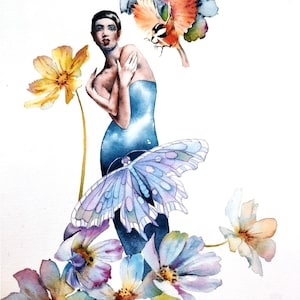 Goddess of love, nature fairy, luminous portrait of flower woman, mystical woman painting, original watercolor, boho wall art.