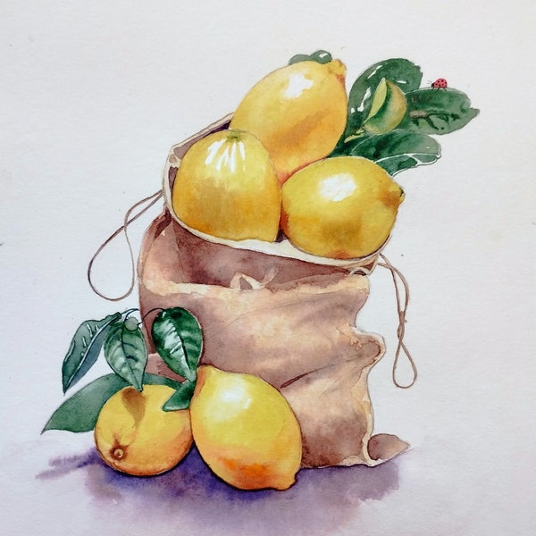 Les citrons et la petite coccinelle,peinture à l'aquarelle originale,fait main,art mural pour la cuisine,nature morte de fruits.