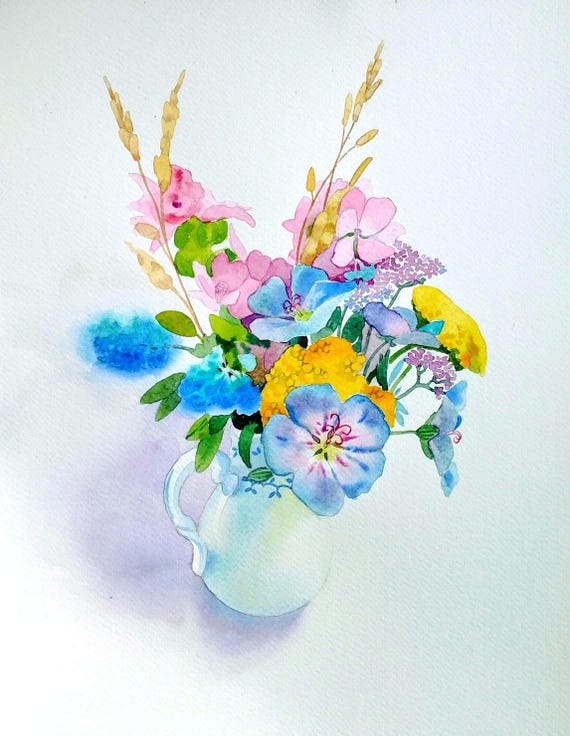 オリジナルの水彩画、花瓶に入ったカラフルな花の田舎風ブーケ、手作り