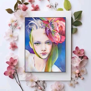 Portrait of young woman and tulip flower, enchanted spring fairy, Slavic flower girl, original watercolor painting, boho wall art.