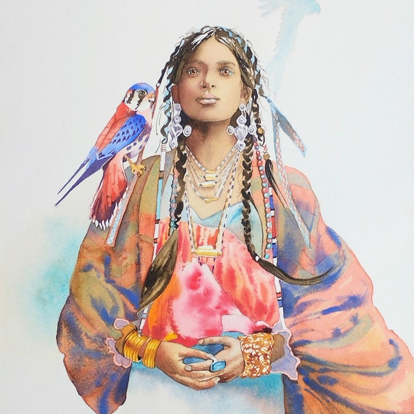 Femme amérindienne à l'oiseau,conte amérindien,peinture à l'aquarelle originale, portrait de femme chamane,première nation,art mural .