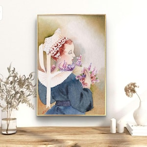 Pintura de uma mulher bretã com seu cocar de renda, vestimenta tradicional bretã na França, aquarela original, arte de parede antiga e vintage.