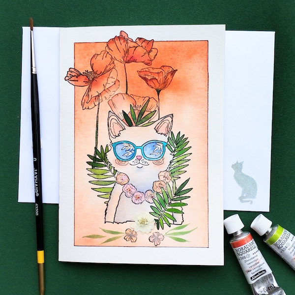 Carte postale unique,chat blanc à lunettes,fleur naturelle séchée,carte à l'aquarelle originale peinte à la main, miniature de peinture.