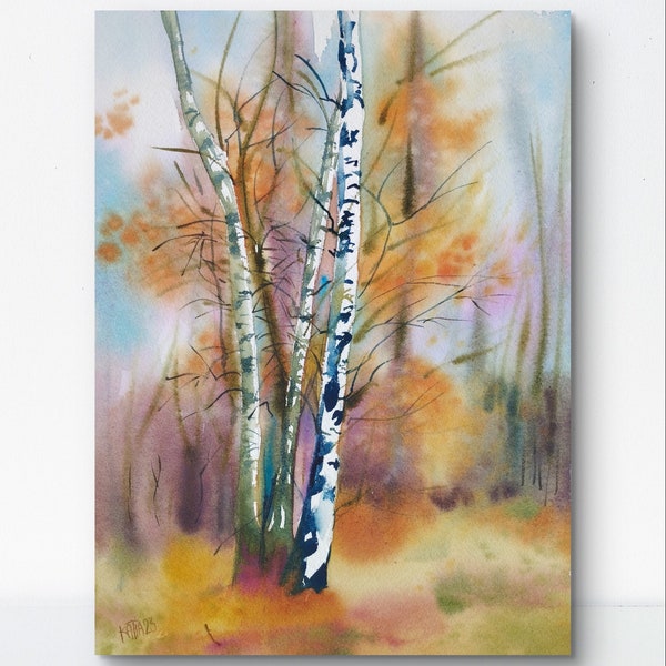 Forêt à l'aquarelle de bouleaux,paysage d'automne,balade en sous bois,peinture à l'aquarelle originale,fait main,décoration murale d'arbres.