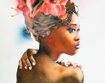 Portrait de jeune femme africaine aux fleurs,femme florale,peinture à l'aquarelle originale,fait main,art mural de femme noire,cadeau .