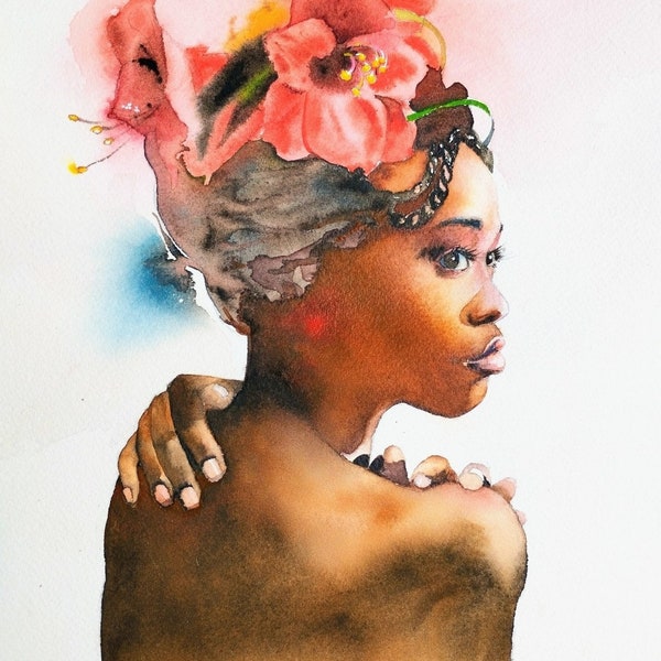 Portrait de jeune femme africaine aux fleurs,femme florale,peinture à l'aquarelle originale,fait main,art mural de femme noire,cadeau .