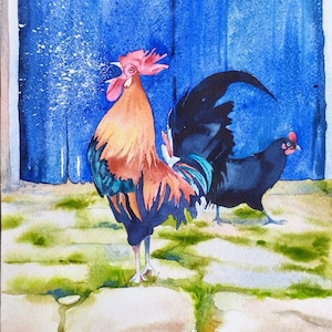 Farmyard bird painting, farm rooster and hen, original watercolor of colorful animals, country rooster wall art, handmade.