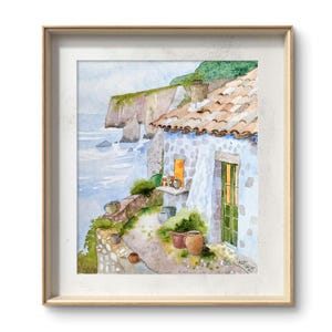 Paisaje costero escocés, acuarela original de una cabaña en el acantilado, Tierras Altas, Escocia, Isla de Skye, arte mural hecho a mano.