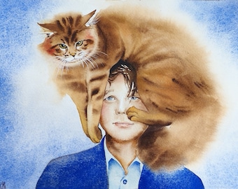 Original watercolor painting of a ginger Persian cat, humorous feline painting, funny man and cat wall art, gift for cat lovers