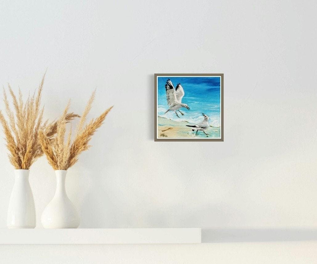 Seagulls on the Beach Facing the Ocean, Seabirds, Original Acrylic ...