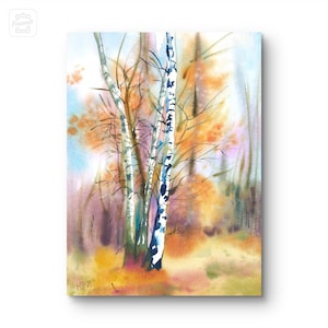 Autumn trees, bright birch forest landscape, original watercolor painting, wall art, red nature, artwork, handmade.