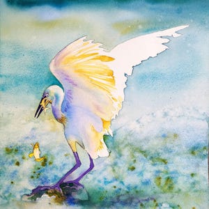 Original watercolor painting of a white heron or great egret bird by the sea, aquatic scene, coastal bird, wall art, handmade.