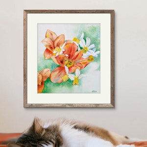 Fleurs du jardin,tulipes rouges et narcisses,peinture à l'aquarelle originale,œuvre d'art fait-main,fleurs du printemps,art mural floral. image 7
