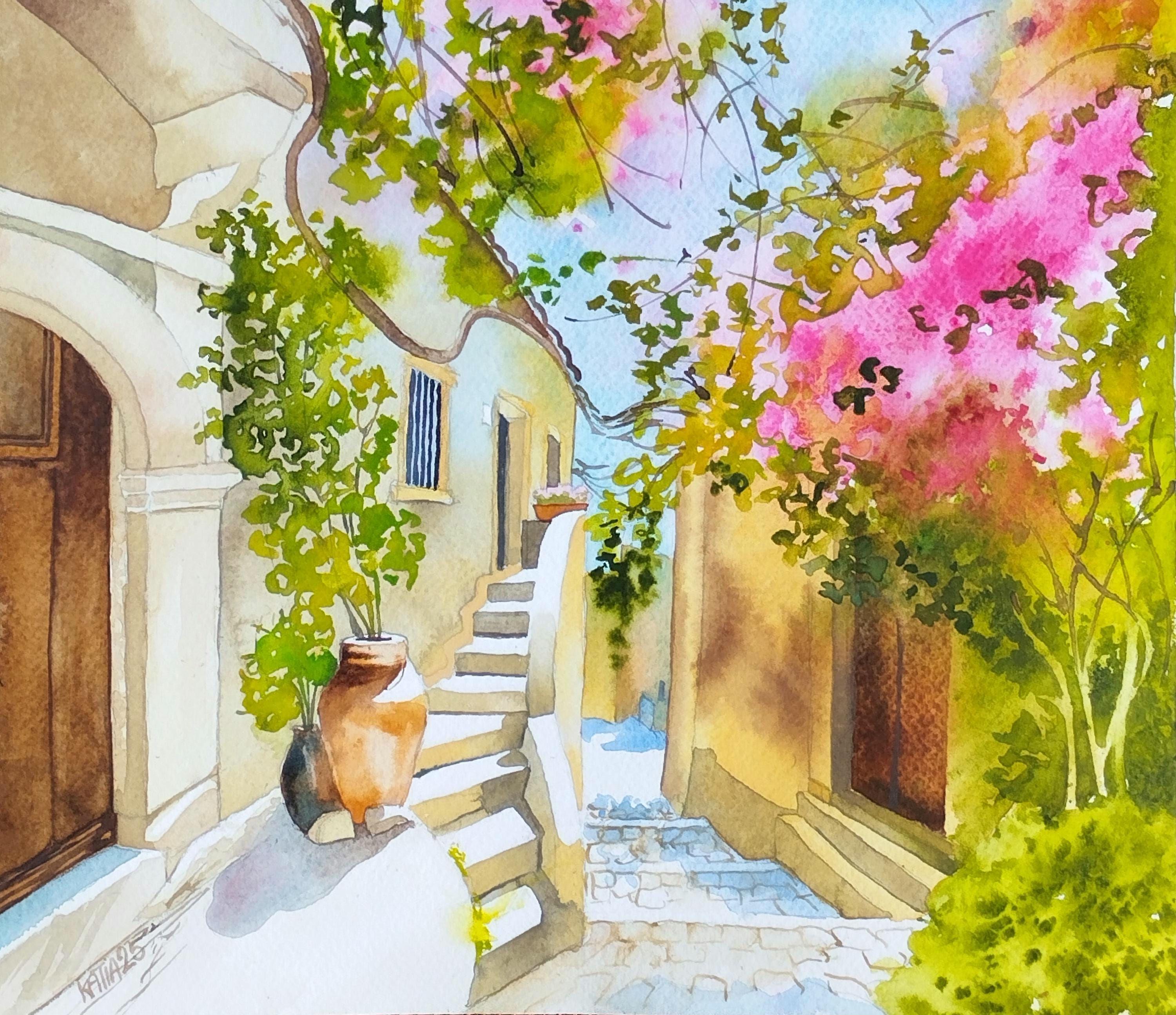 水彩画 風景画 プロヴァンスの美しい花の村、地中海の街路風景画と花、フランスの夏