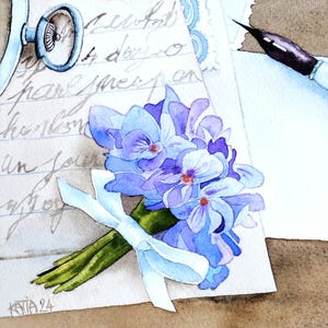 Violetas, buquê de flores silvestres, mensageiro do amor, flores da primavera, pintura em aquarela original, arte de parede vintage, romântico.