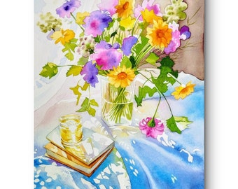 Bouquet of bright summer flowers, field flowers and books, original watercolor painting, handmade, wall art, Mother's Day gift.