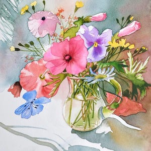 Watercolor wildflowers, vibrant, colorful bouquet of wildflowers, poppy, cornflower, daisy in a vase, original painting, art.