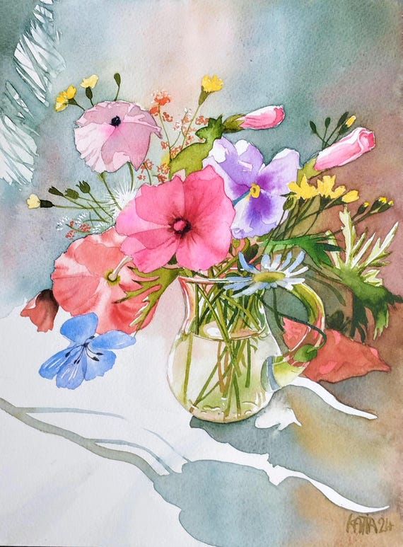 Sample手描きイラスト 水彩画 原画 お花と女の子 SM 手描きイラスト