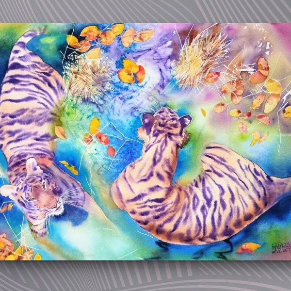 Aquarelle d'un couple de tigres magestueux dans l'eau ,impression d'art aquarelle, décor mural de tigres,art animalier,cadeau de mariage.