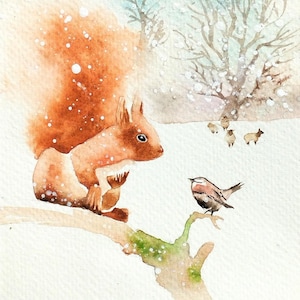 Peinture miniature à l'aquarelle originale,carte postale unique d'écureuil roux et l'oiseau, neige,cadeau pour chambre d'enfant,fait main.