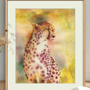 Unique original watercolor painting of a cheetah, luminous African wildlife art painting, savannah wall decor, handmade feline painting
