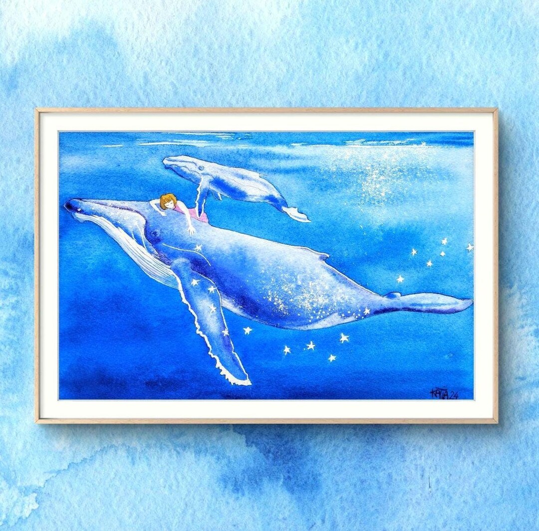 Painting of Whale and the Little Mermaid on Its Back, Blue Sea and Girl ...