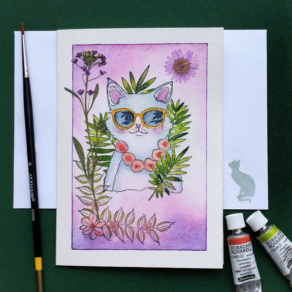 Carte de voeux unique,chat mignon à lunettes,fleurs,printemps,fleur séchée,peinture à l'aquarelle originale,fait main,art du conte de fées.