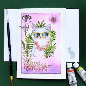 Carte postale de chat blanc à lunettes,été,vacances,peinture originale,chat drôle,fleur séchée,aquarelle,peint à la main,pas une impression.