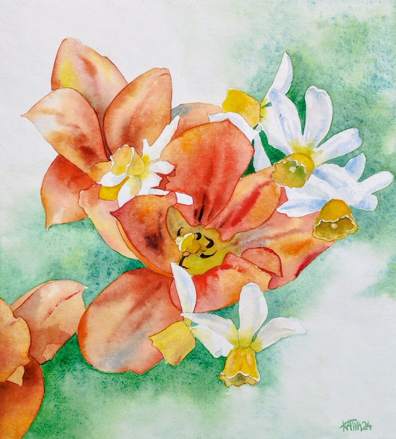 Fleurs du jardin,tulipes rouges et narcisses,peinture à l'aquarelle originale,œuvre d'art fait-main,fleurs du printemps,art mural floral. image 8