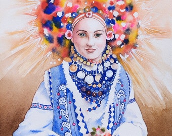 Femme ukrainienne avec son bouquet de fleurs,peinture à l'aquarelle originale, fait main,art mural fille d'Ukraine,cadeau fête des mères.