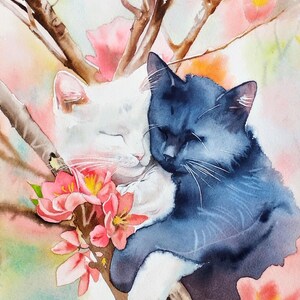 Ritratti di gatti bianchi e neri tra i fiori di ciliegio rosa, acquerello originale, dipinto di animali domestici, arte murale.