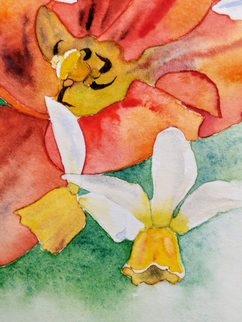 Fleurs du jardin,tulipes rouges et narcisses,peinture à l'aquarelle originale,œuvre d'art fait-main,fleurs du printemps,art mural floral. image 3