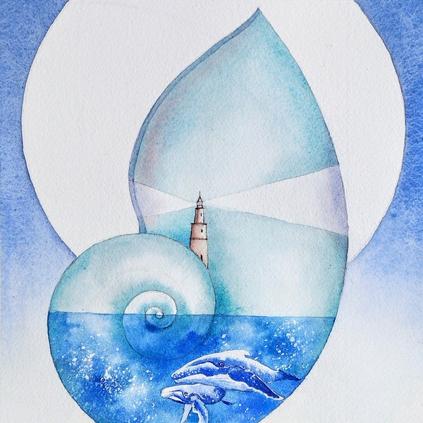 Baleine et son baleineau dans un coquillage,mer et phare,peinture à l'aquarelle originale,conte de fées,vie marine,décor mural de cétacés.