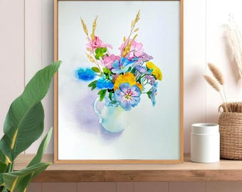 Original watercolor painting, country bouquet of colorful flowers in a vase, handmade floral wall art, wildflowers, wall decor.