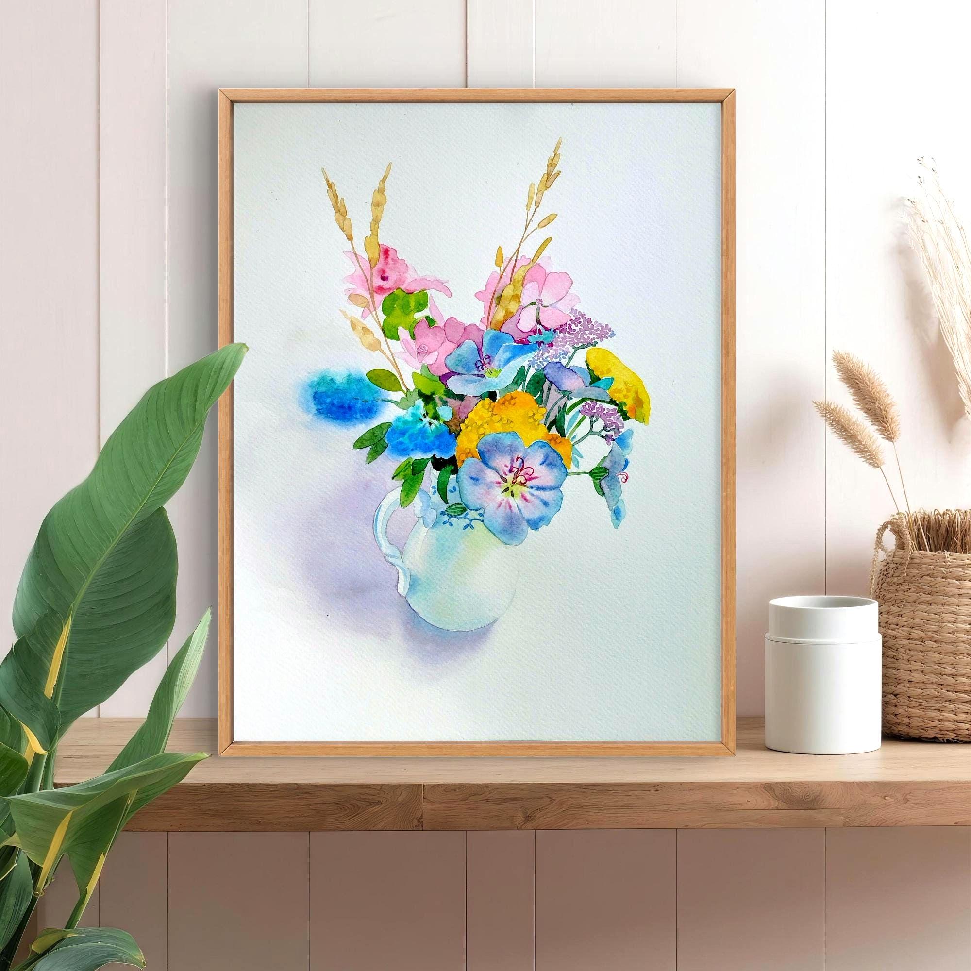 オリジナルの水彩画、花瓶に入ったカラフルな花の田舎風ブーケ、手作り