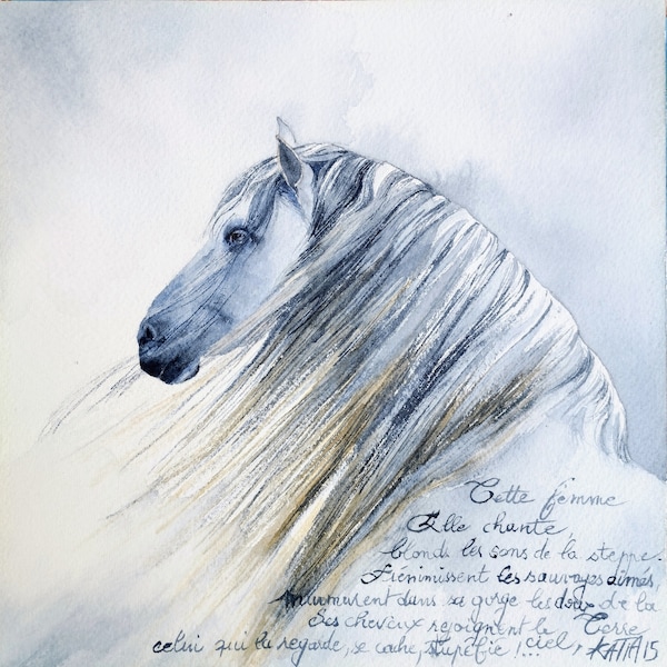 Peinture le cheval et la poésie,impression d'art de mon aquarelle,portrait équin,animal de compagnie,art équestre,art mural animalier.