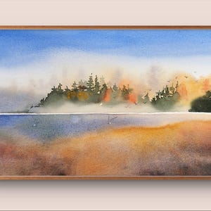Pintura de paisaje costero francés, marina, océano, acuarela original, costa y bosque de cuento de hadas, árboles, pájaros, obra de arte náutico, arte mural